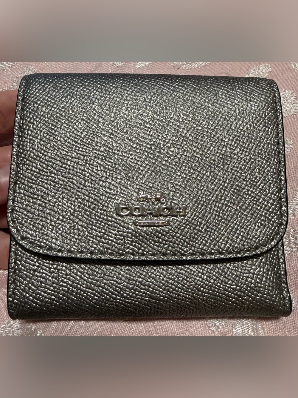 Coach Metallic Pewter Leather Textured Tri Fold Wallet